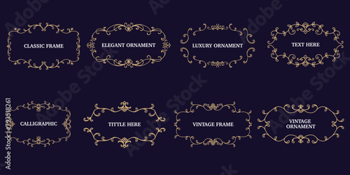 Set of gold vintage label frames and borders, Fancy decorative ornament, baroque, victorian, arabesque vector illustration.