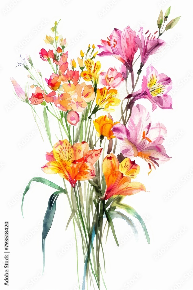 Spring flowers in bright watercolors, bouquet isolated on white --ar 2:3 Job ID: 19efaf67-1ad9-4d02-b8f9-5295f00ce16c