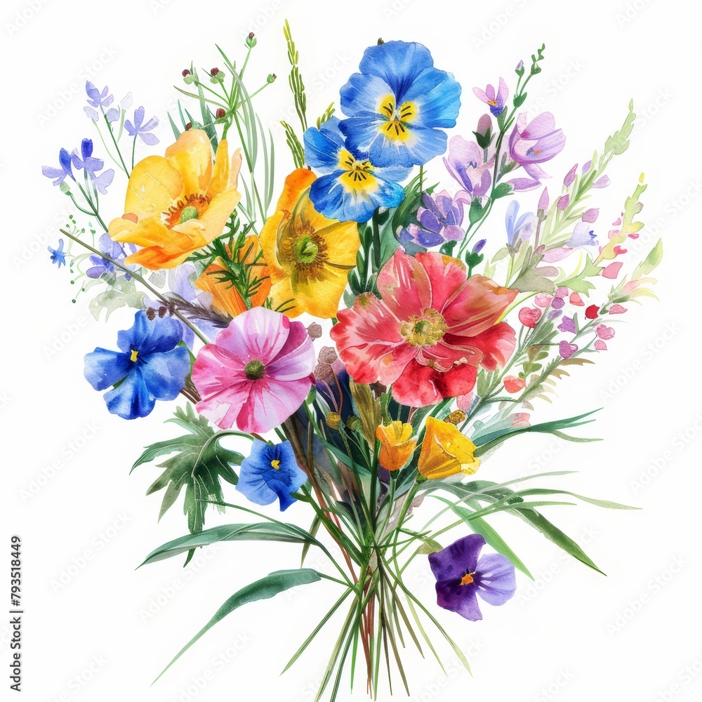 Vivid bouquet of spring flowers in watercolor, isolated on white --ar 1:1 Job ID: e9a23ccb-da2d-4099-9732-6bfa6eb89815