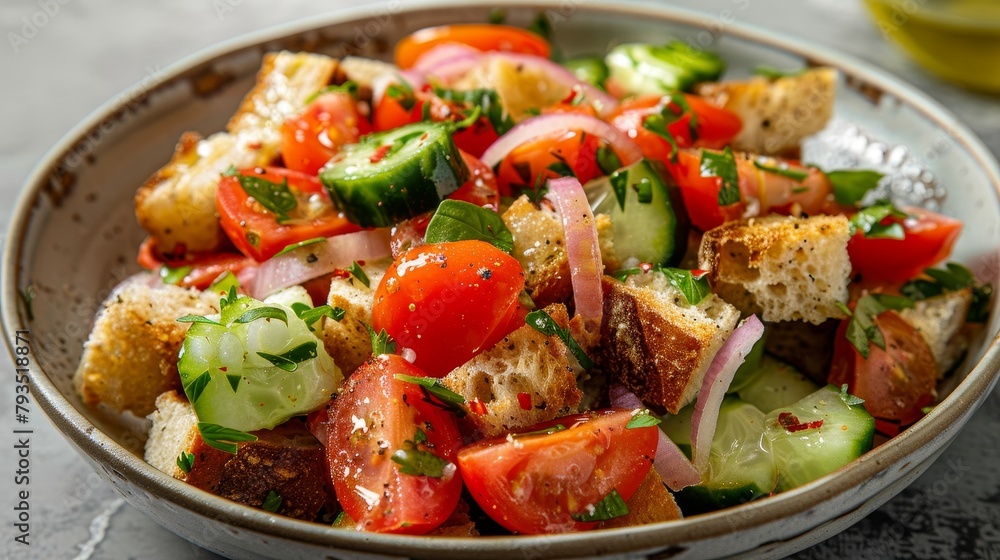 Vibrant Tuscan bread salad, Panzanella, featuring soaked stale bread, tomatoes, cucumbers, and onions, richly dressed with olive oil, on a minimalist background Vibrant Tuscan bread salad, Panzanella, featuring soaked stale bread, tomatoes, cucumbers, and onions, richly dressed with olive oil, on a minimalist background