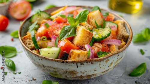 Vibrant Tuscan bread salad, Panzanella, featuring soaked stale bread, tomatoes, cucumbers, and onions, richly dressed with olive oil, on a minimalist background photo