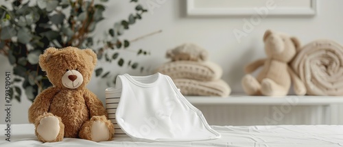 A blank and white baby bib mockup on teddy bear sitting on bed with a room backdrop and a big blurry backdrop for text or product advertisement, Generative AI. photo