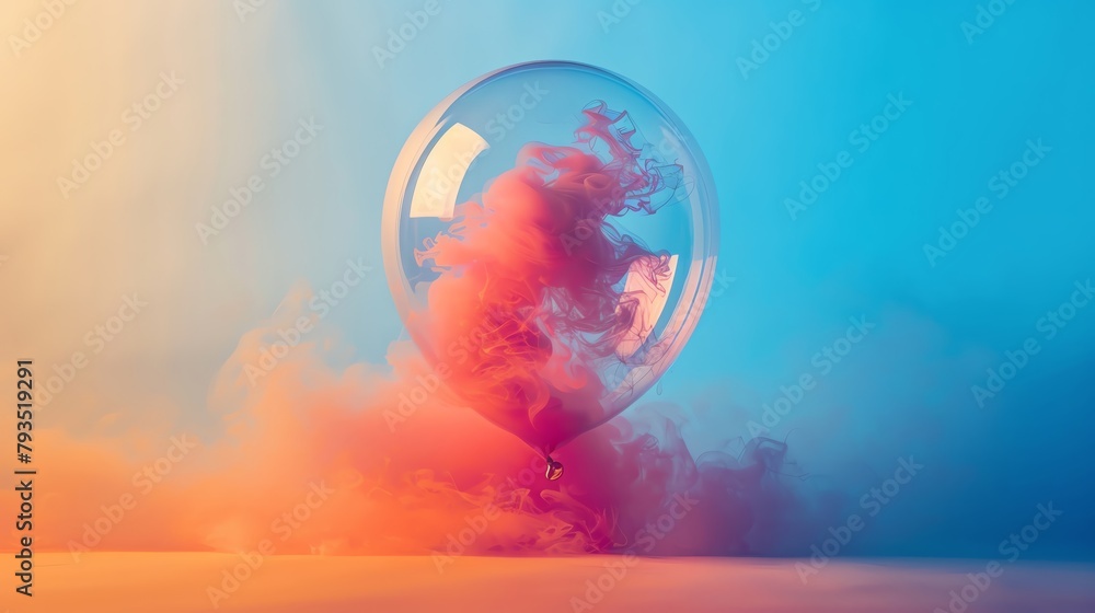 Minimalist concept of a clear balloon inflating with vibrant, colorful smoke inside, representing the growth of an idea in a simple yet powerful visual Minimalist concept of a clear balloon inflating with vibrant, colorful smoke inside, representing the growth of an idea in a simple yet powerful visual