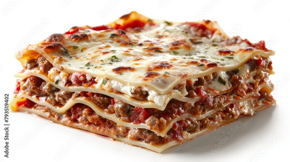 Vibrant and appetizing image of lasagna, emphasized layers filled with different meats and cheeses, crafted for culinary advertising, isolated setting Vibrant and appetizing image of lasagna, emphasized layers filled with different meats and cheeses, crafted for culinary advertising, isolated setting