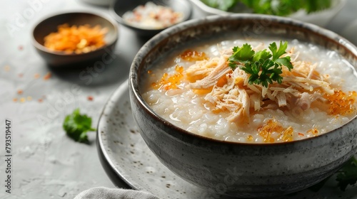 Traditional Asian comfort food, congee with shredded chicken, preserved eggs, highlighted in a minimalist setting, isolated background, studio lighting