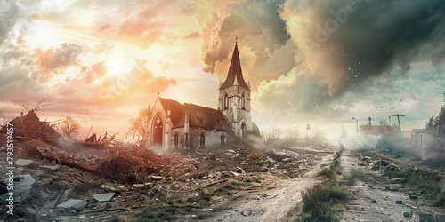 The Devastated Landscape and Restoring Faith - Visualize a devastated landscape being restored to its former beauty, symbolizing the restoration of faith after experiencing destruction photo