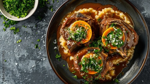 Top view of Osso Buco, braised veal shanks in white wine and broth, tenderly cooked with vegetables, served with gremolata and Risotto Milanese, isolated background photo