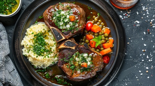 Top view of Osso Buco, braised veal shanks in white wine and broth, tenderly cooked with vegetables, served with gremolata and Risotto Milanese, isolated background