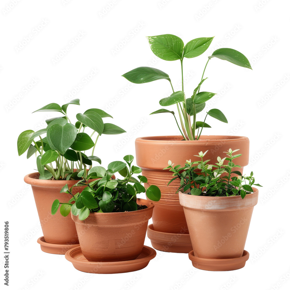 Four different potted plants on white background