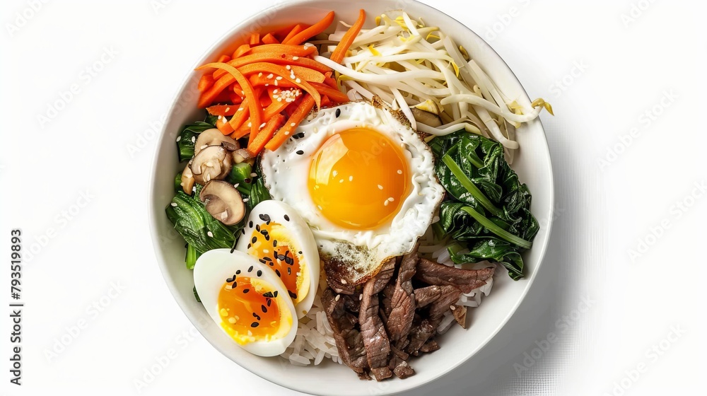 Top view of classic Bibimbap, Korean mixed rice topped with spinach, carrots, bean sprouts, mushrooms, sliced beef, a fried egg, and spicy gochujang, isolated background Top view of classic Bibimbap, Korean mixed rice topped with spinach, carrots, bean sprouts, mushrooms, sliced beef, a fried egg, and spicy gochujang, isolated background