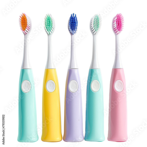 Five colorful electric toothbrushes. photo