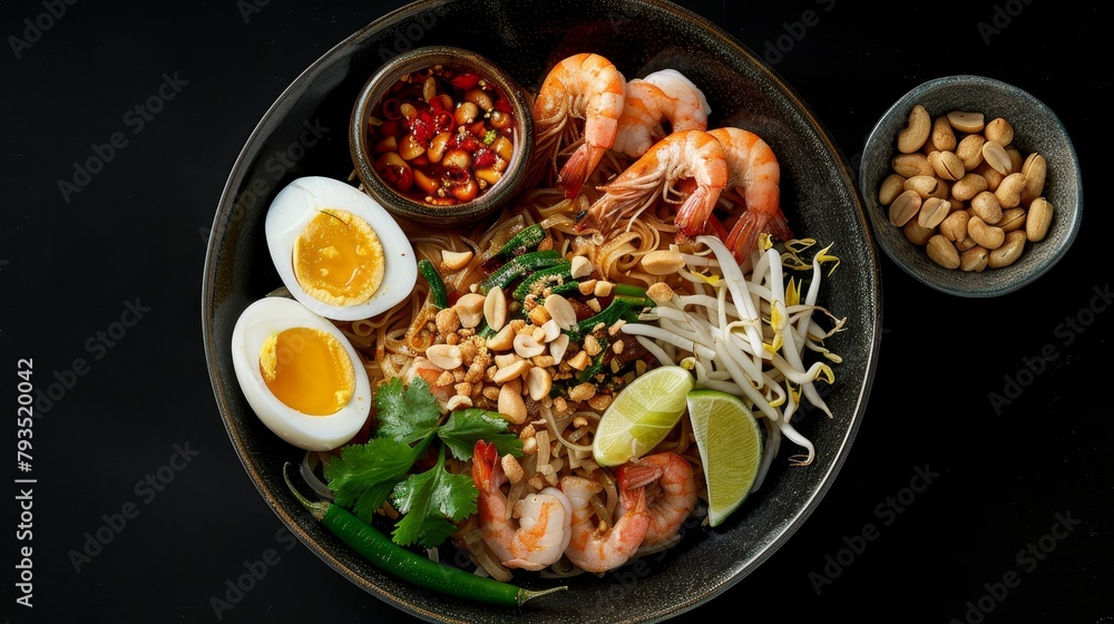 Top view of a delectable serving of Pad Thai with all the essentials: rice noodles, eggs, shrimp, garnished with peanuts and fresh lime, studio lighting, isolated background