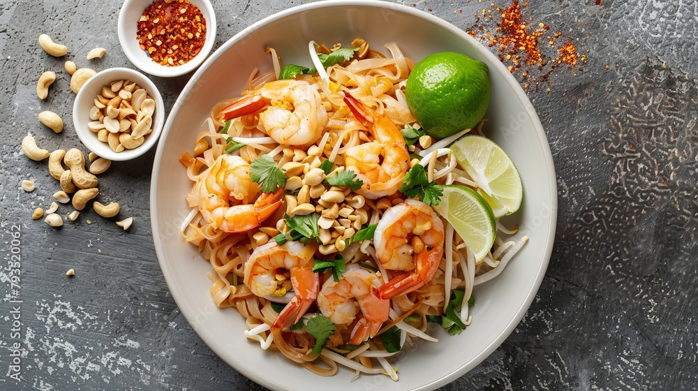 Top view of a delectable serving of Pad Thai with all the essentials: rice noodles, eggs, shrimp, garnished with peanuts and fresh lime, studio lighting, isolated background Top view of a delectable serving of Pad Thai with all the essentials: rice noodles, eggs, shrimp, garnished with peanuts and fresh lime, studio lighting, isolated background