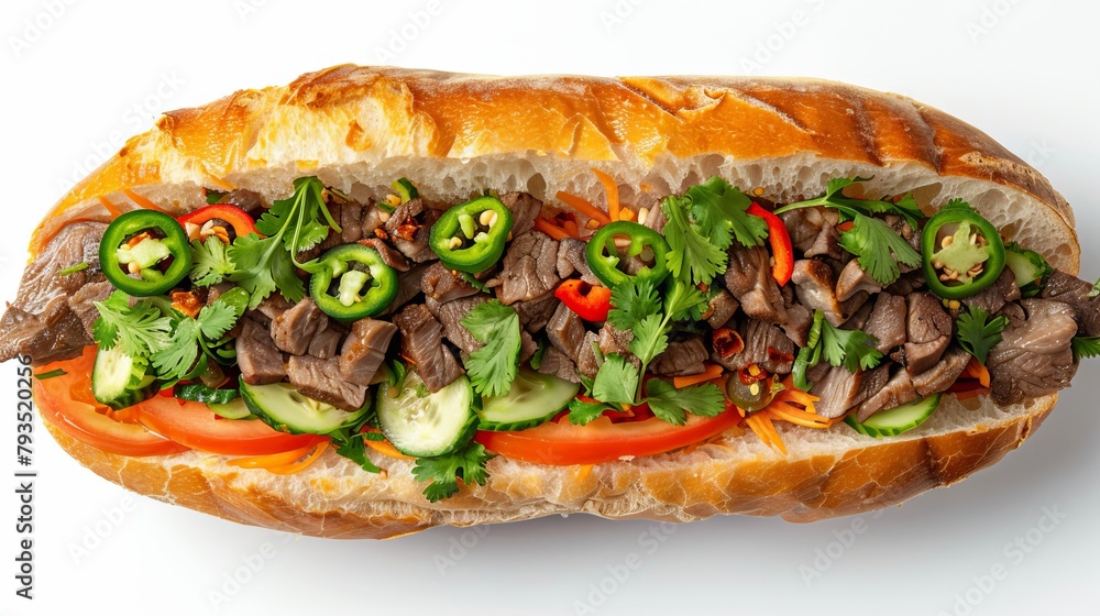 Top view of a classic Banh Mi, Vietnamese sandwich with crusty French baguette, grilled pork, pickled vegetables, cilantro, jalapenos, and pate, isolated background Top view of a classic Banh Mi, Vietnamese sandwich with crusty French baguette, grilled pork, pickled vegetables, cilantro, jalapenos, and pate, isolated background