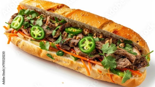 Top view of a classic Banh Mi, Vietnamese sandwich with crusty French baguette, grilled pork, pickled vegetables, cilantro, jalapenos, and pate, isolated background