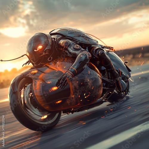 Speed Freaks The Roach Bikers Quest for Velocity A futuristic cockroach on a motorcycle, speeding down a deserted highway at sunset, with dramatic lighting and a sense of freedom and adventure  8K , h photo