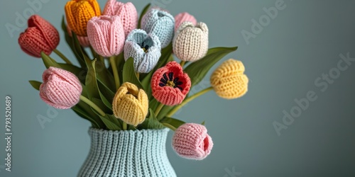 Over an elegant pastel setting, a vivid hand-knitted tulip in a knitted flower vase eye soothing for mother's day and space, Generative AI.