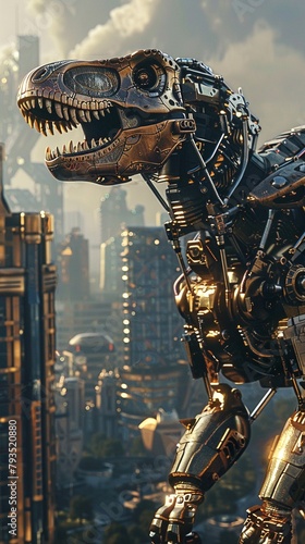 A mechanical dinosaur robot towering over a futuristic city skyline, its metal scales glinting in the sunlight as it roars  8K , high-resolution, ultra HD,up32K HD photo