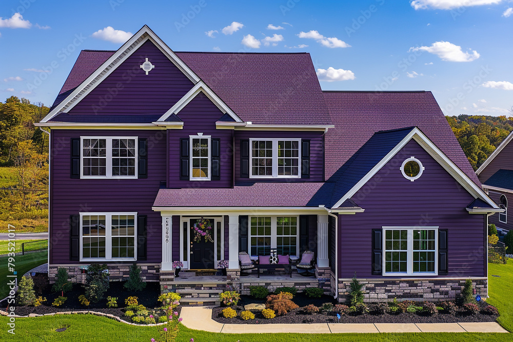An aerial perspective captures the elegant eggplant purple house with siding and shutters, making a sophisticated statement in the suburban landscape,