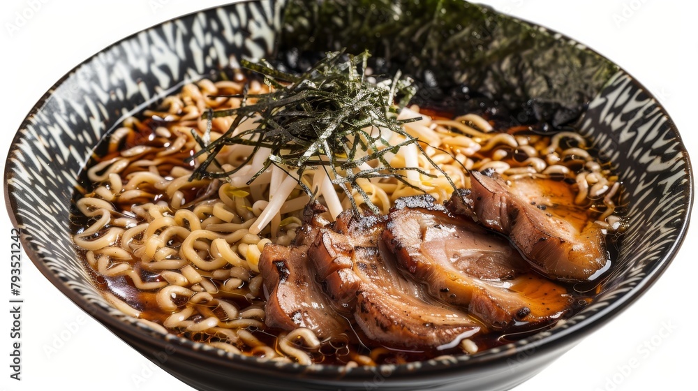 Tastefully prepared Ramen, served in a savory miso broth with essential garnishes like sliced pork and seaweed, ideal for menu visuals, isolated setting Tastefully prepared Ramen, served in a savory miso broth with essential garnishes like sliced pork and seaweed, ideal for menu visuals, isolated setting
