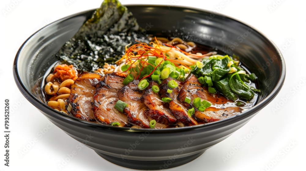 Tastefully prepared Ramen, served in a savory miso broth with essential garnishes like sliced pork and seaweed, ideal for menu visuals, isolated setting Tastefully prepared Ramen, served in a savory miso broth with essential garnishes like sliced pork and seaweed, ideal for menu visuals, isolated setting