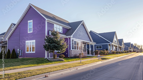 An elegant eggplant purple house with siding, enhancing the architectural diversity of a suburban street, under a clear sky.