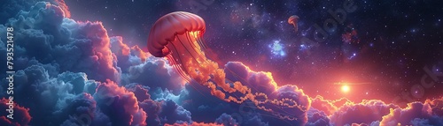 A surreal landscape featuring a giant, floating jellyfish in a sky filled with colorful clouds, illuminated by a glowing moon 8K , high-resolution, ultra HD,up32K HD