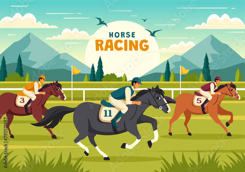 Horse Racing Competition Vector Illustration with Equestrian Performance Sport and Rider or Jockeys in a Racecourse on Flat Cartoon Background