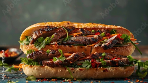 Stylish and savory Banh Mi with grilled pork, cilantro, and pickled veggies prominently displayed against an isolated backdrop, ideal for culinary ads