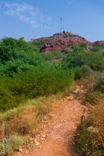 Way to reach Welded tuff, massive volcanic pink rocks of Rao Jodha Desert Rock Park, Jodhpur, Rajasthan, India. Near the historic Mehrangarh Fort , park contains ecologically restored desert.