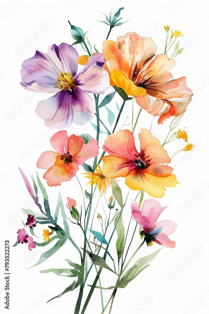 Colorful and bright watercolor bunch of spring florals, isolated on white --ar 2:3 Job ID: 0321db50-f04f-4648-9572-94fe7336a1c0