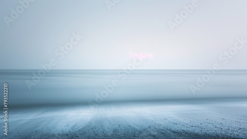 A calming palette of translucent dusky blue and gentle gray, overlaid to form a minimalist background that evokes the quiet solitude of a dusk-lit beach