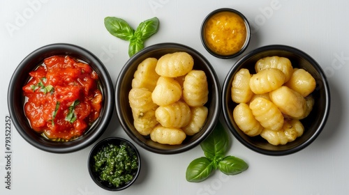 Sophisticated top view of soft potato gnocchi, accompanied by pesto and tomato sauce options, ideal for food advertising, isolated background