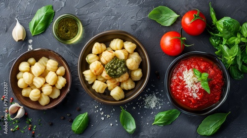 Sophisticated top view of soft potato gnocchi, accompanied by pesto and tomato sauce options, ideal for food advertising, isolated background