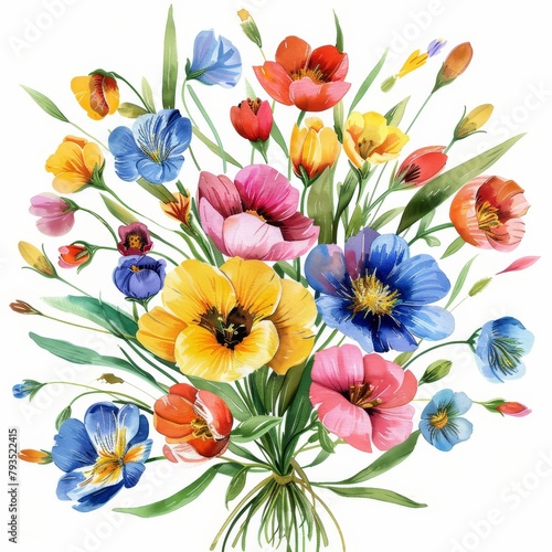 Vivid watercolor spring flowers, fresh floral bouquet isolated on white --ar 1:1 Job ID: 4857e88c-492a-43b8-b46b-1994df7f7059 © Anuwat
