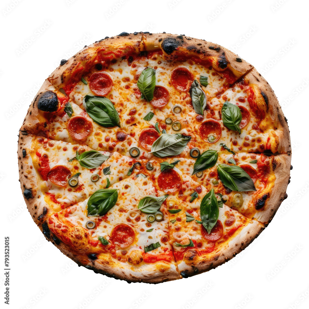A pizza displayed against a transparent background