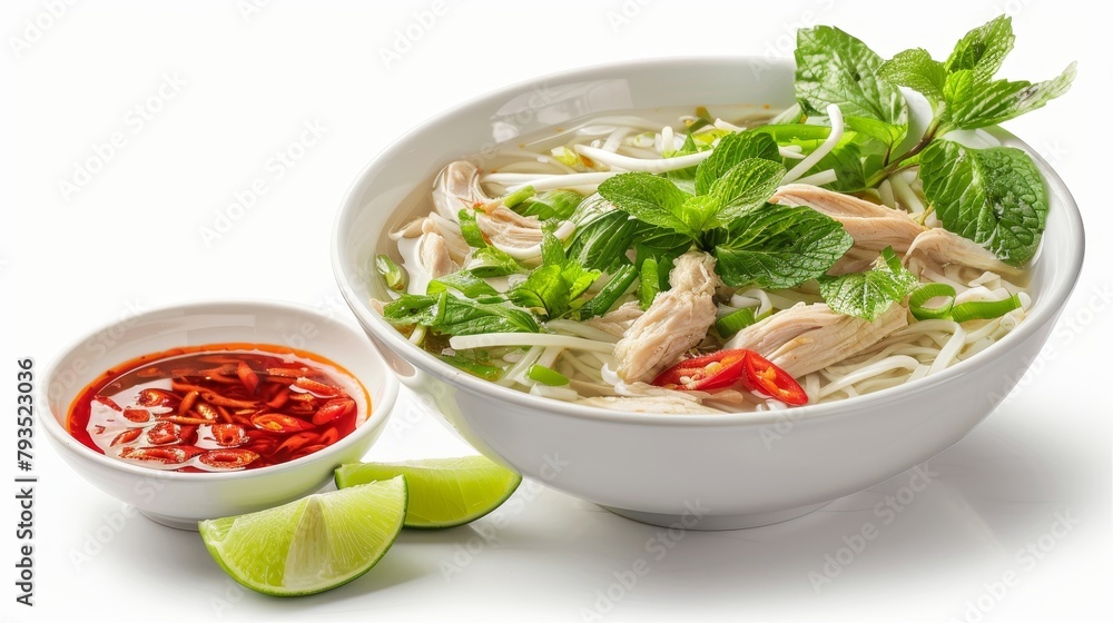 Savory chicken Pho, a comforting Vietnamese noodle soup, served with a side of chili sauce and lime wedges, elegantly presented, isolated background Savory chicken Pho, a comforting Vietnamese noodle soup, served with a side of chili sauce and lime wedges, elegantly presented, isolated background