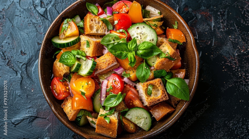 Rustic top view of Panzanella salad featuring soaked stale bread, vibrant tomatoes, cucumbers, and fresh basil, isolated backdrop, studio lighting Rustic top view of Panzanella salad featuring soaked stale bread, vibrant tomatoes, cucumbers, and fresh basil, isolated backdrop, studio lighting