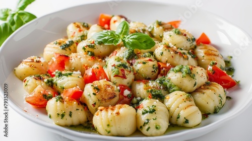 Savory potato gnocchi served with a choice of tomato, pesto, or gorgonzola sauce, focused food advertisement, isolated background, studio lighting