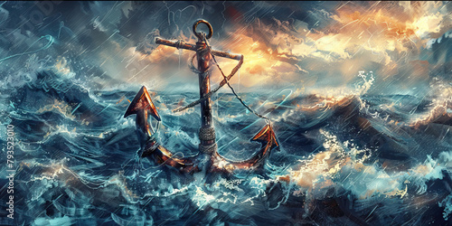Hope: The Anchor and Stormy Seas - Picture an anchor in stormy seas, symbolizing hope as an anchor for the soul in difficult times