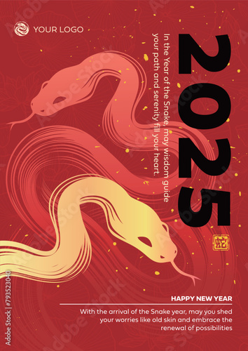 Chinese New Year 2025 modern design in red, gold colors for cover, card, poster, banner. Flyer Template,Chinese zodiac Snake symbol. © fishyo