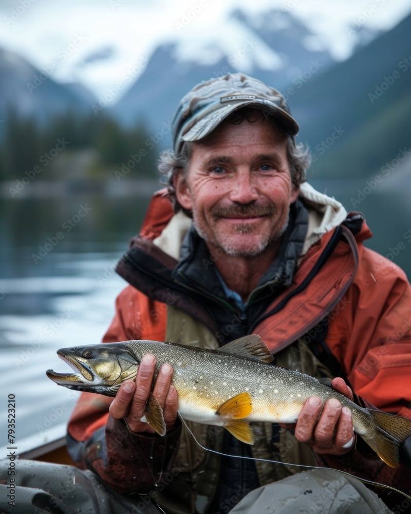 Close up portrait of smiling adult man in canoe holding salmon fish in middle of lake Close up portrait of smiling adult man in canoe holding salmon fish in middle of lake