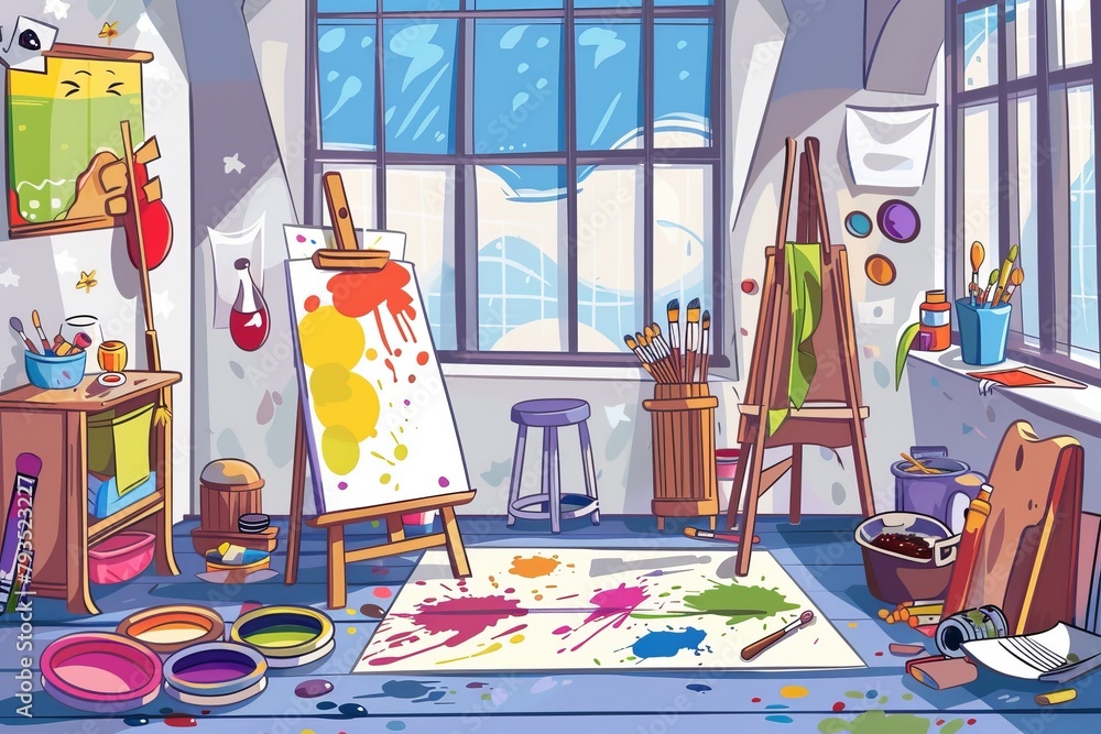Cartoon cute doodles of an artist's studio with colorful paint palettes ...