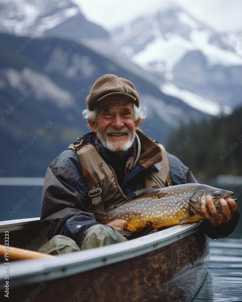 Close up portrait of smiling adult man in canoe holding salmon fish in middle of lake Close up portrait of smiling adult man in canoe holding salmon fish in middle of lake