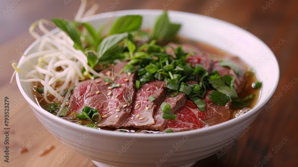 Richly flavored Vietnamese Pho with thinly sliced beef, rice noodles in a savory broth, accompanied by fresh herbs and sprouts, for a perfect food ad