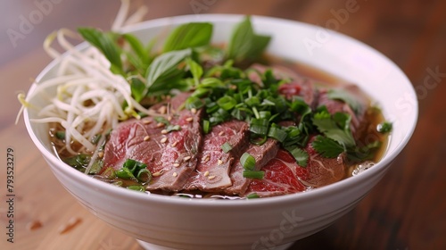 Richly flavored Vietnamese Pho with thinly sliced beef, rice noodles in a savory broth, accompanied by fresh herbs and sprouts, for a perfect food ad