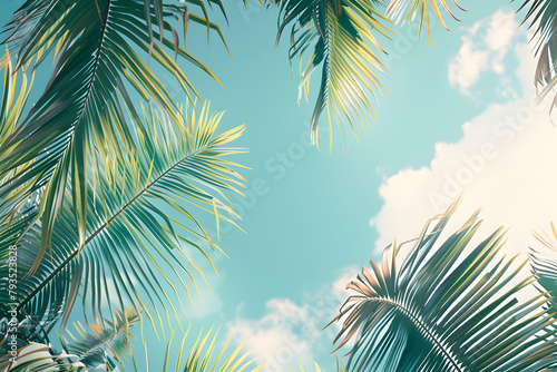 Tropical leaf background, coconut palm trees perspective a view of blue sky with palm trees in the foreground. Tropical summer holiday concept