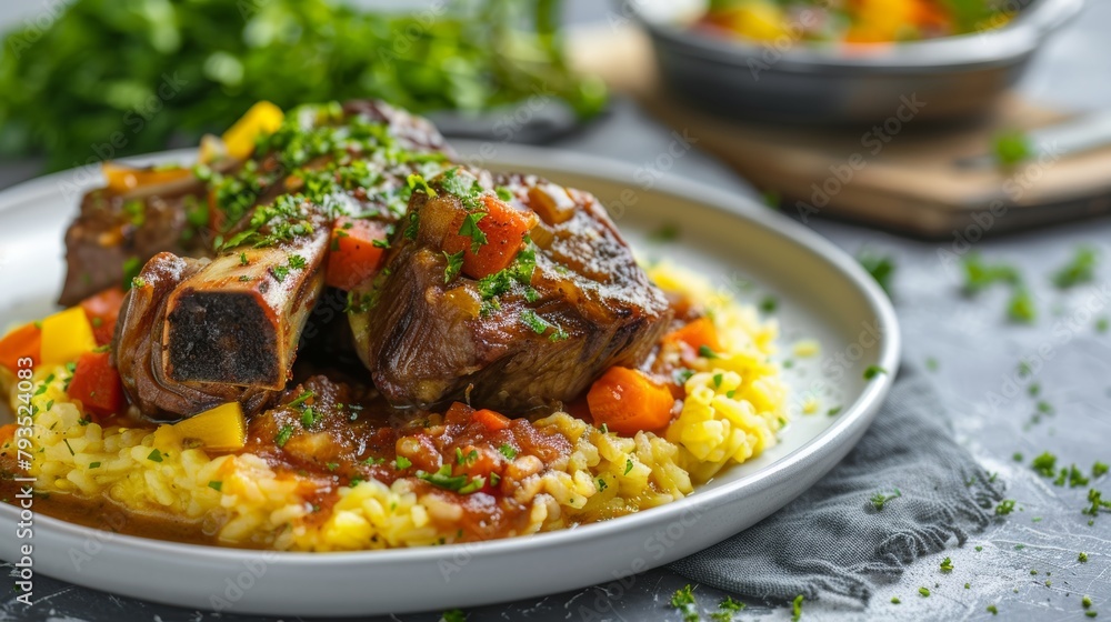 Italian comfort food perfected with Osso Buco, braised veal shanks and vegetables, plated with Risotto Milanese and Gremolata on a pristine background