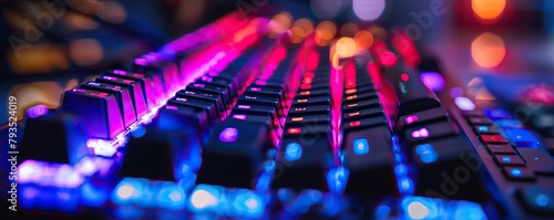 Futuristic computer PC keyboard with colorful RGB lights on work desk photo