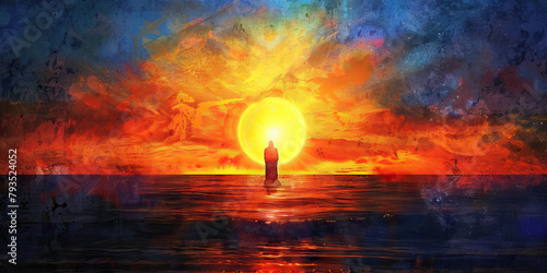 Legacy of Light: The Setting Sun and Guiding Star - Visualize the sun setting with a guiding star shining brightly, symbolizing the enduring influence and guidance of a deceased religious leader.